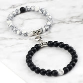 Natural stone beaded bracelets with black and white howlite and silver accents for couple magnet bracelets